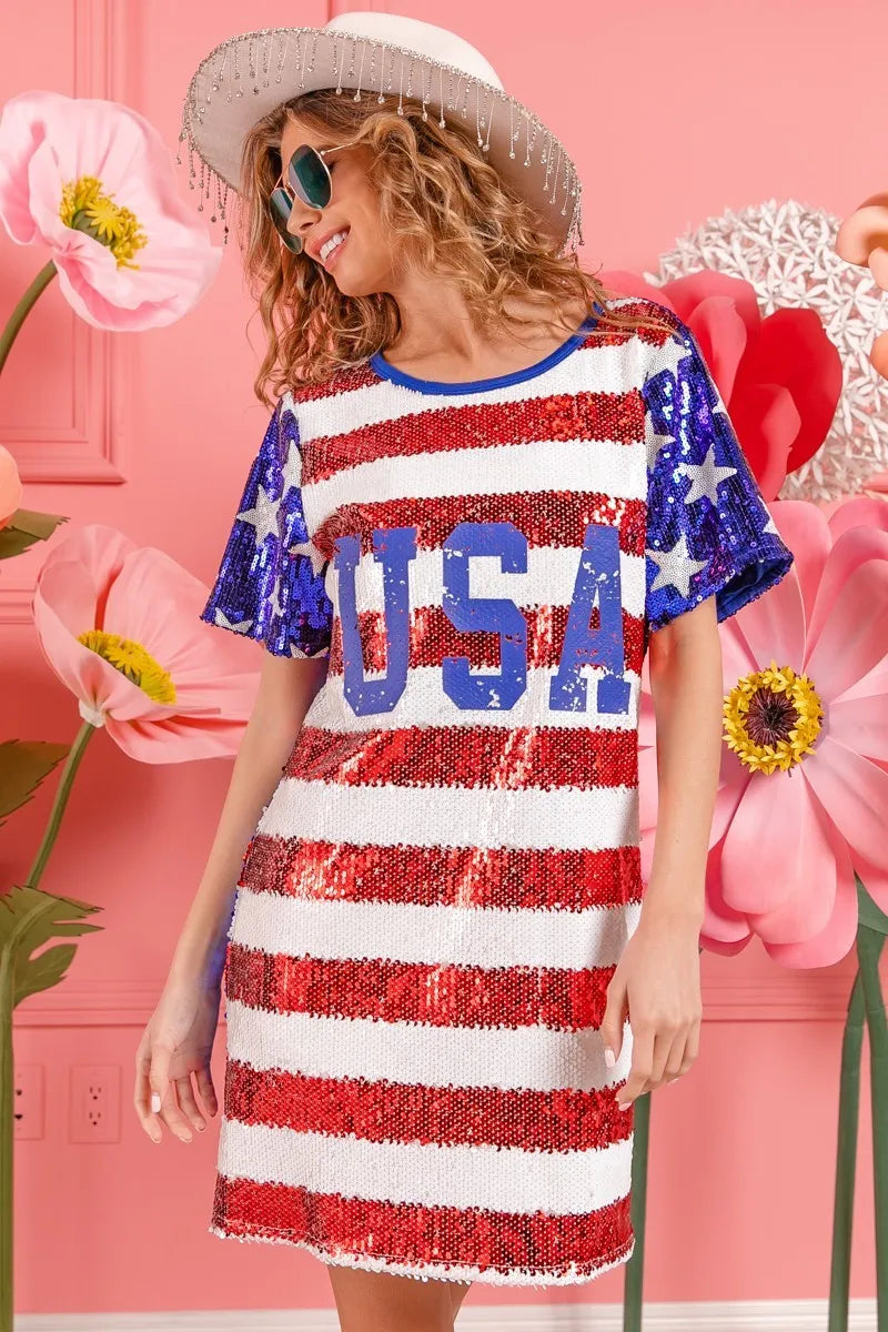 BiBi American Flag Theme Usa Print Sequin Dress - kinko