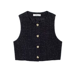 Textured Sleeveless O-neck Short Tweed Sleeveless Waistcoat Outerwear - kinko