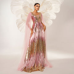 Mesh Long Sleeve V-neck Sequins Large Swing Evening Dress - kinko