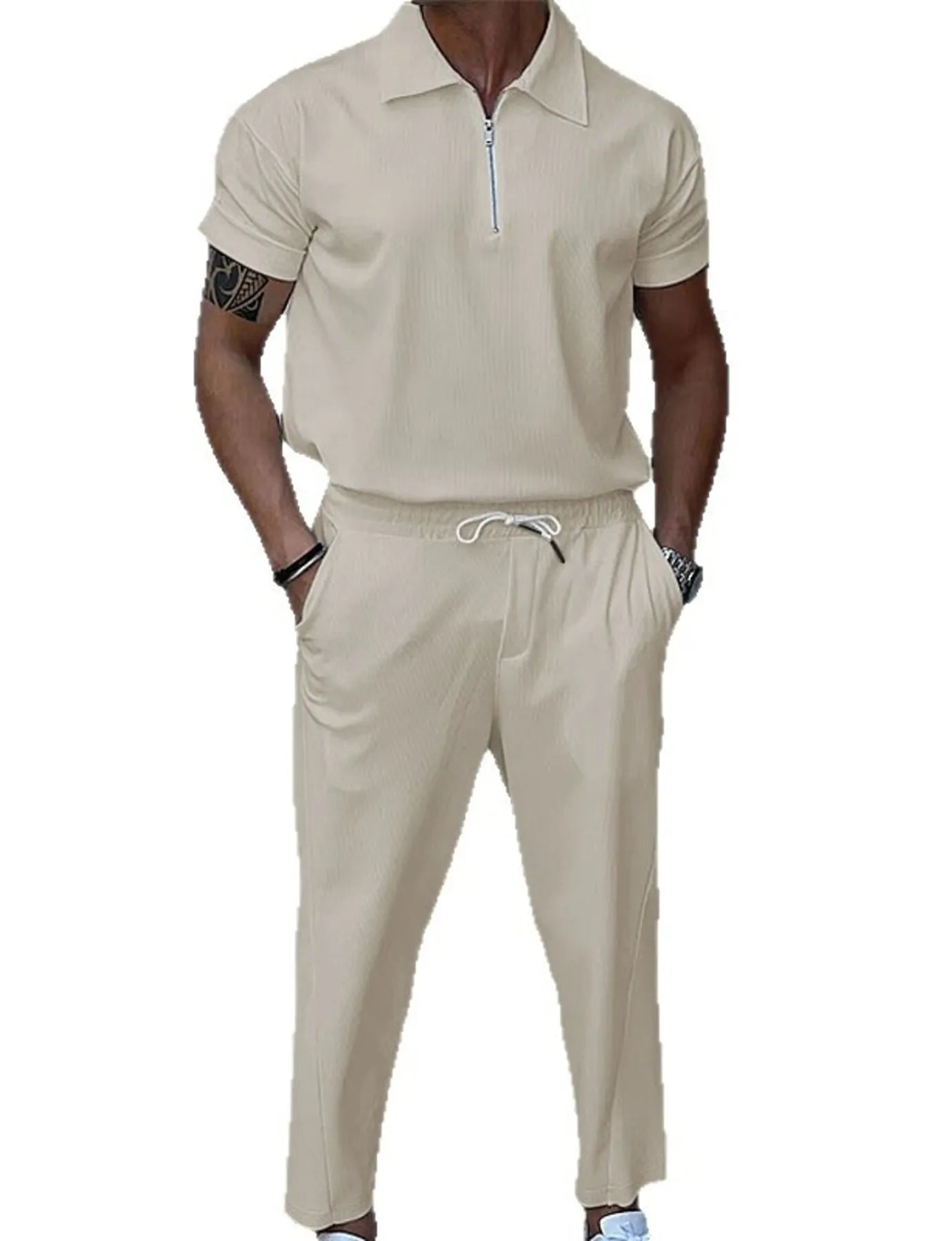 Men's Full Size Quarter Zip Short Sleeve Polo and Pants Set Plus Size - kinko