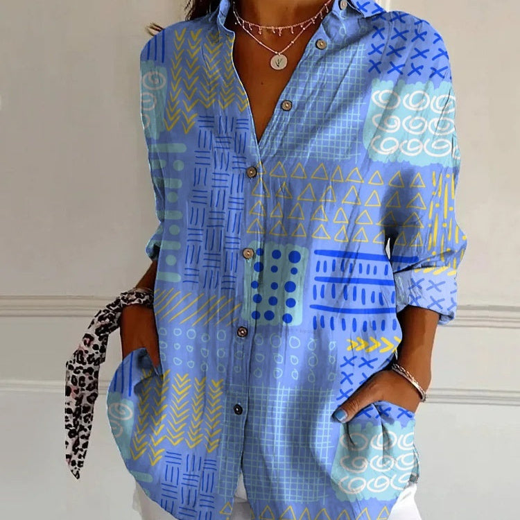 Striped Long-sleeved Shirt Women's Rainbow Cardigan Contrast Color Coat Lapel - kinko