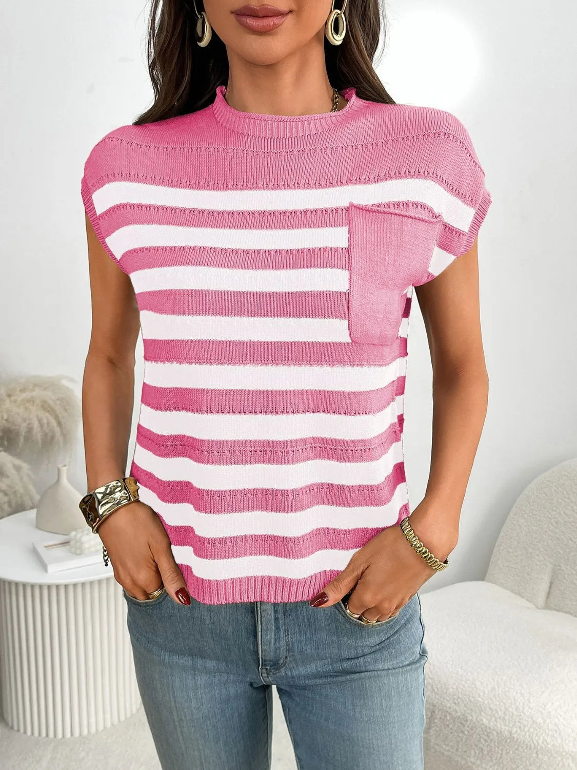 Striped Mock Neck Cap Sleeve Knit Top - kinko