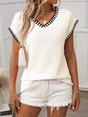 Contrast Trim V-Neck Short Sleeve Knit Top - kinko