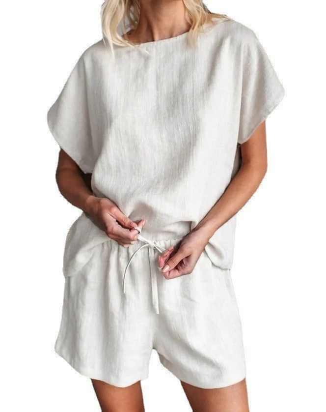 Short Sleeve Cotton Linen Retro Fashion Solid Color Top Shorts Suit - kinko