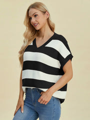 Double Take Full Size Striped V-Neck Short Sleeve Sweater - kinko