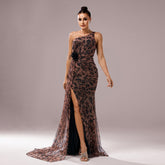 One-shoulder Diagonal Collar Leopard Sequined Evening Dress - kinko