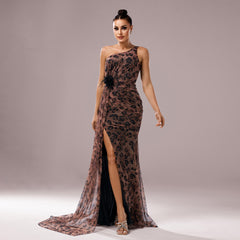 One-shoulder Diagonal Collar Leopard Sequined Evening Dress - kinko