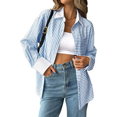 Striped Stitching Shirt For Women - kinko