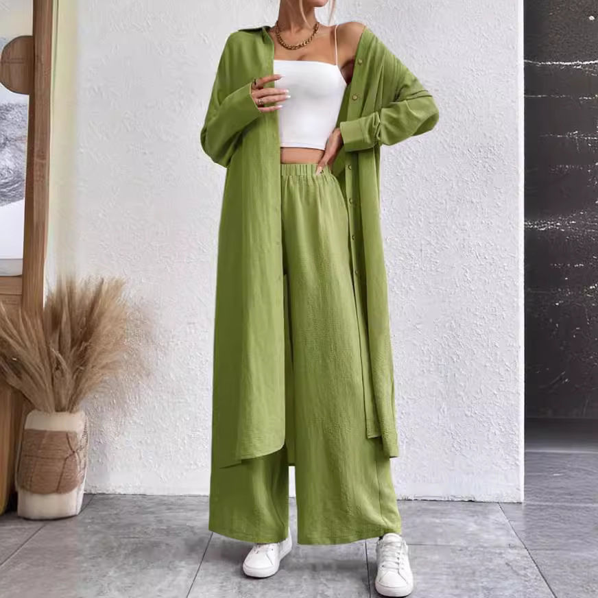 Plus Size Loose Long Shirt Wide Leg Pants Two-piece Set - kinko