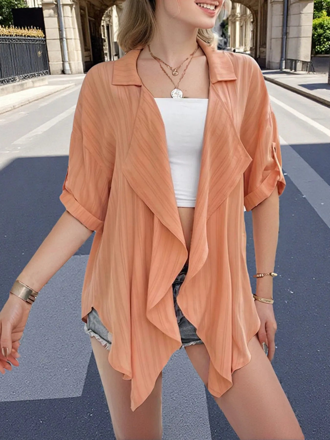 Open Front Half Sleeve Cardigan - kinko