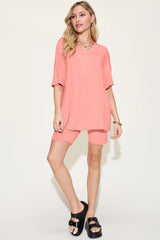 Basic Bae Bamboo Full Size V-Neck Drop Shoulder T-Shirt and Shorts Set - kinko