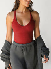 Ribbed V-Neck Halter Tank Top - kinko