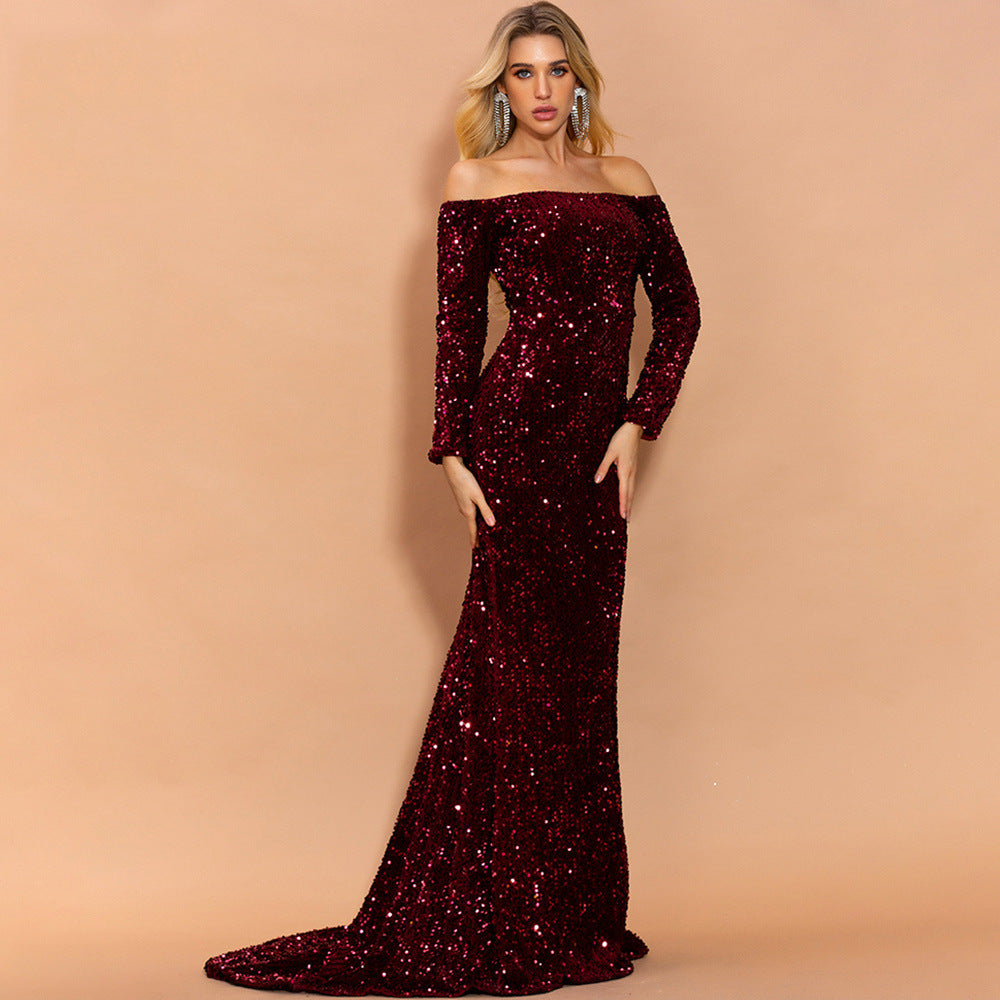Sexy Strapless Long Sleeve Sequins Party Evening Dress - kinko