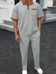 Men's Full Size Waffle-Knit Contrast Polo and Pants Set Plus Size - kinko