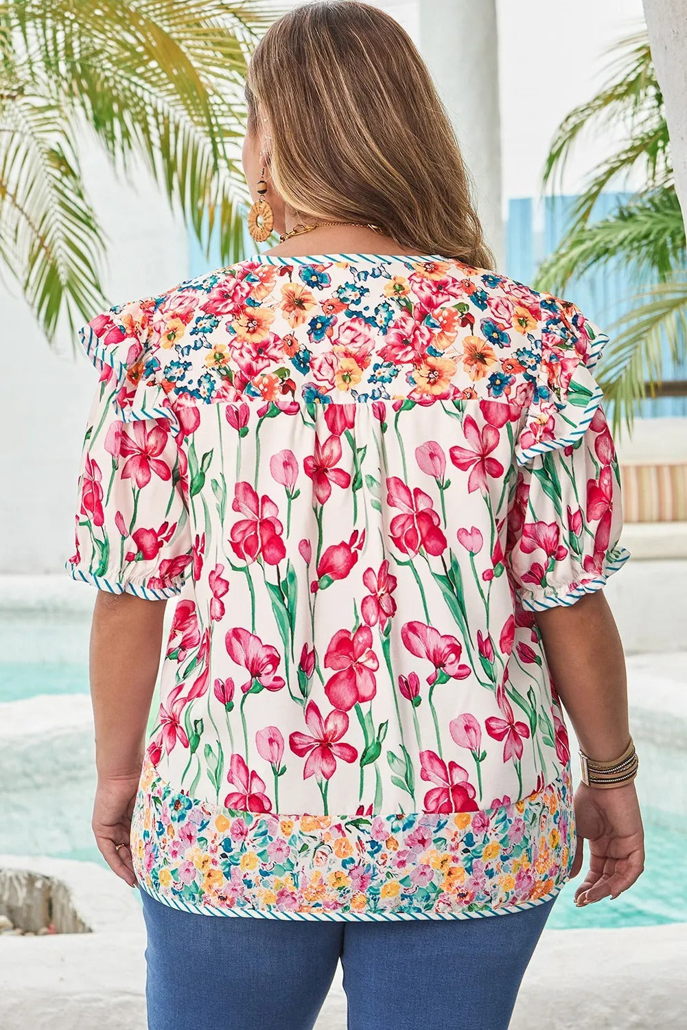 Plus Size Floral Print Striped Trim V Neck Blouse - kinko