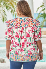 Plus Size Floral Print Striped Trim V Neck Blouse - kinko