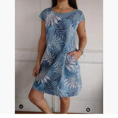 Flower And Leaf Printed Straight Dress Summer Loose Round Neck Short Sleeve Dresses Womens Clothing - kinko