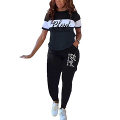 Contrast Color Striped Short Sleeve With Wide Leg Pants Suit - kinko