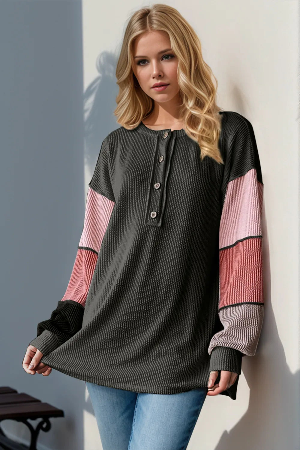Double Take Full Size Color Block Round Neck Long Sleeve T-Shirt - kinko