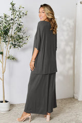 Double Take Full Size Round Neck Slit Top and Pants Set - kinko