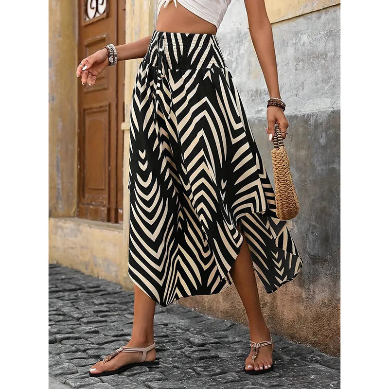 Women's High Elastic Waist Midi Skirt Casual Summer Trendy Tie Front Flowy Floral Print Beach Long Skirt - kinko