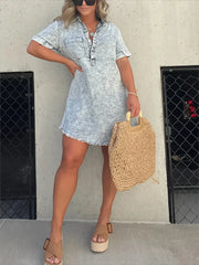 Full Size Raw Hem Short Sleeve Denim Dress Plus Size - kinko