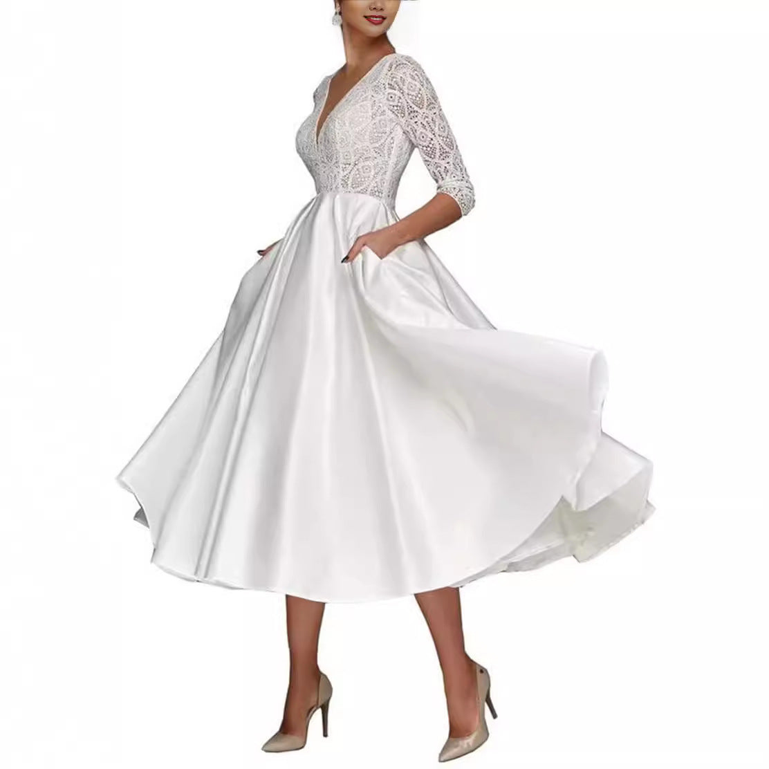 Bridal Deep V-neck Slim Lace Mid-length Long Sleeve Wedding Dress - kinko