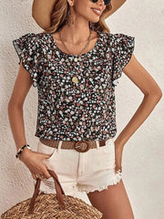 Ditsy Floral Round Neck Cap Sleeve Top - kinko