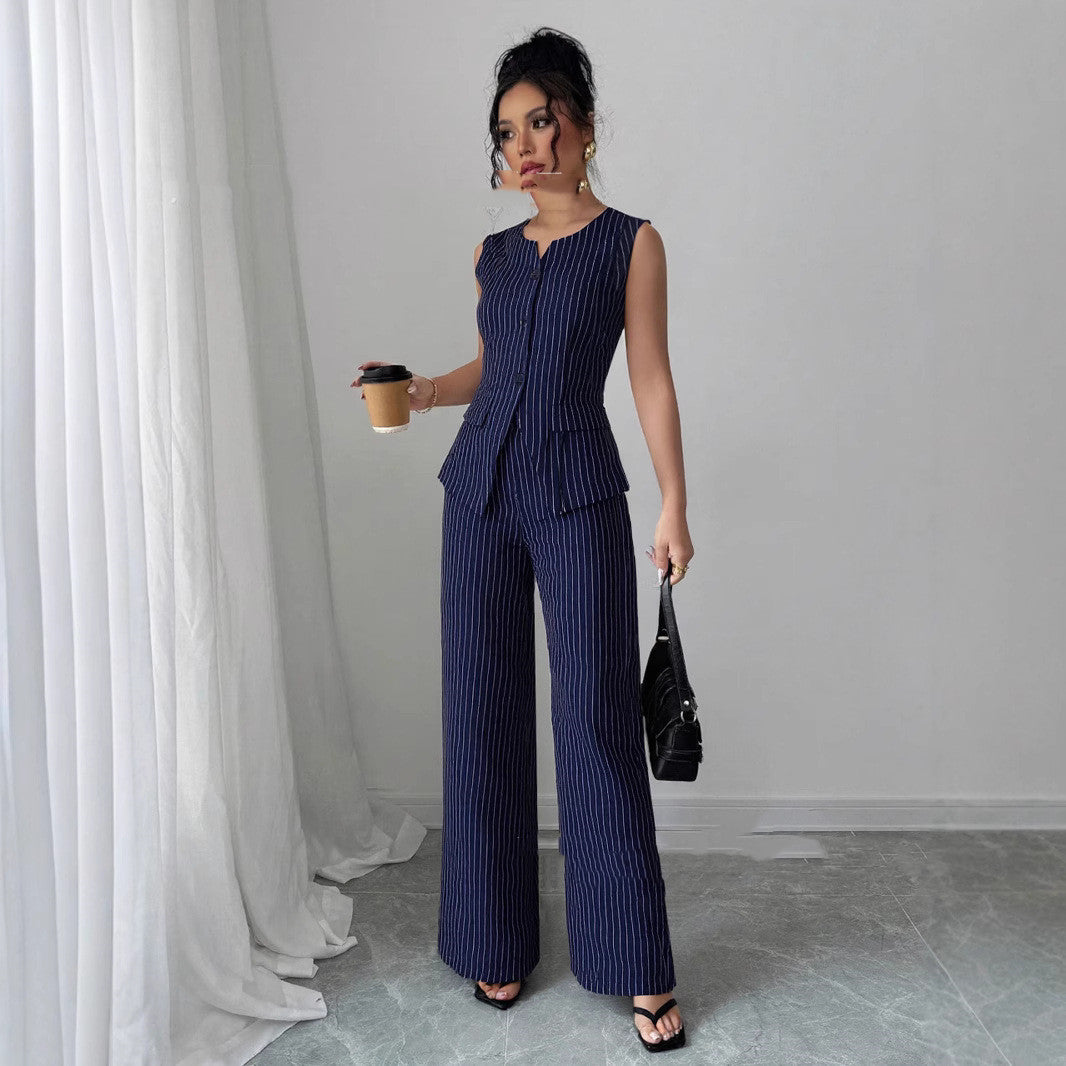 Casual Striped Short Style Lapel Suit Straight-leg Pants Suit - kinko