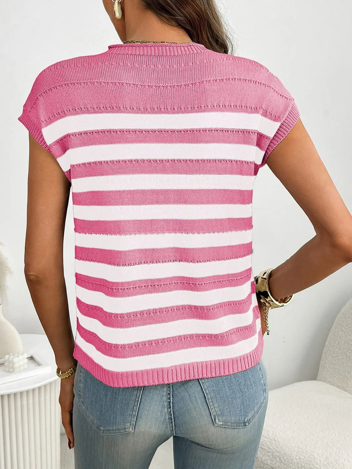 Striped Mock Neck Cap Sleeve Knit Top - kinko