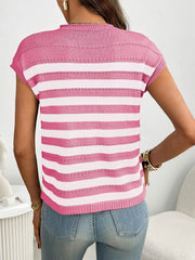 Striped Mock Neck Cap Sleeve Knit Top - kinko