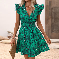 New Flowers Print Ruffled Sleeveless Dress Summer Sexy Deep V-neck Slim-waist Short Dresses For Womens Clothing - kinko
