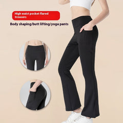 Ladies Mid Waist Abdominal-shaping Slimming Cropped Pants Casual Pocket Bootcut Trousers - kinko