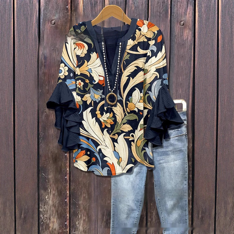 Women's Creative Printing Casual V-neck Lotus Sleeve T-shirt - kinko