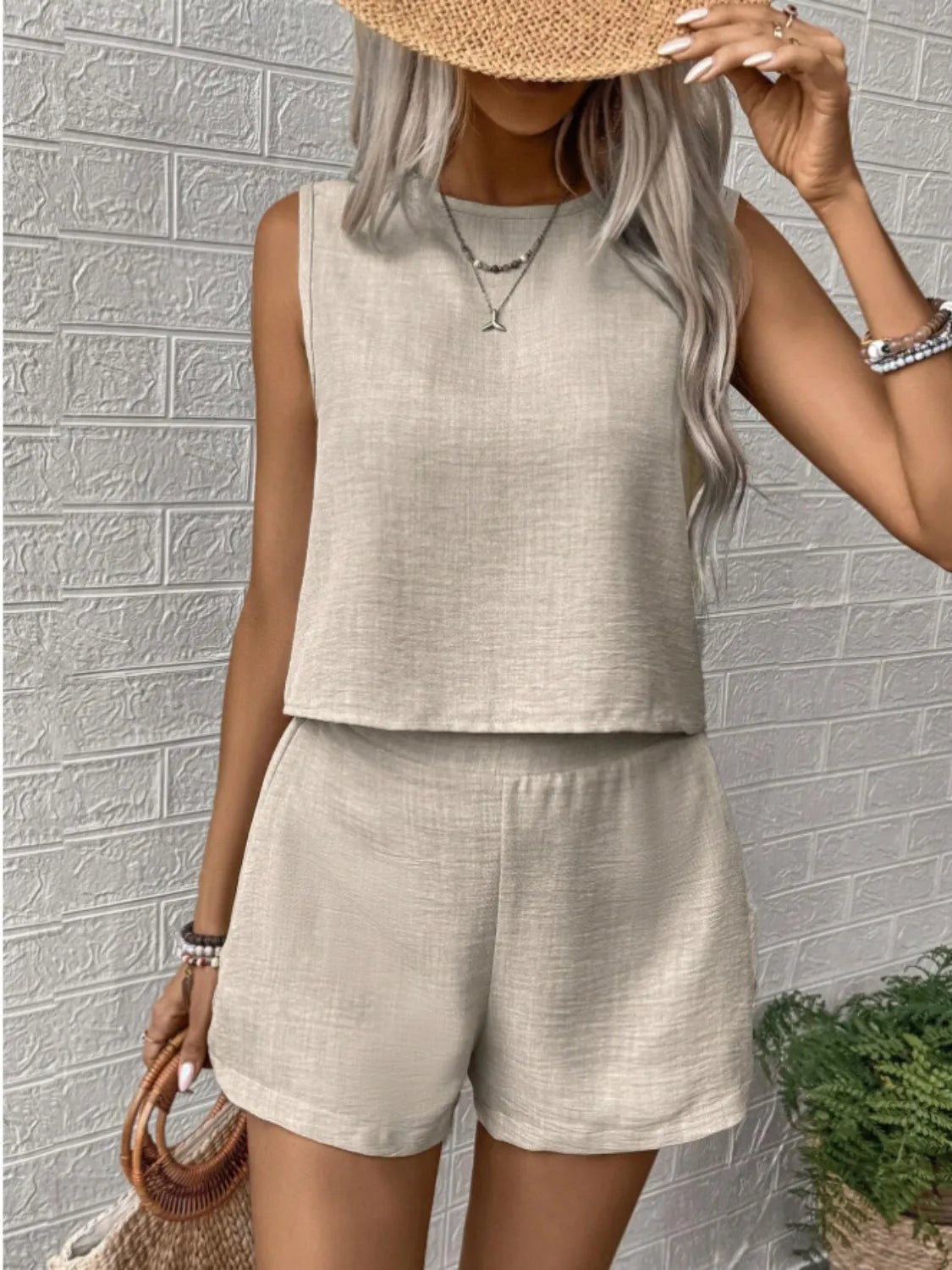 Round Neck Sleeveless Top and Shorts Set - kinko