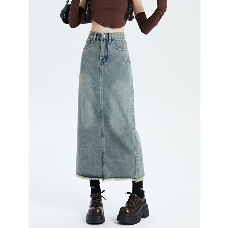 Retro Women's High Waist Denim Skirt Women's Mid-length Versatile Hem Tassel Hip Skirt - kinko