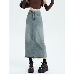 Retro Women's High Waist Denim Skirt Women's Mid-length Versatile Hem Tassel Hip Skirt - kinko