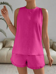 Lace Detail Round Neck Tank and Shorts Set - kinko