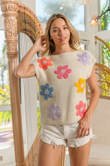 BiBi Multi Jeweled Crochet Flower Patch Sweater Vest - kinko