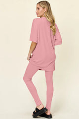 Double Take Full Size Round Neck Dropped Shoulder T-Shirt and Leggings Set - kinko