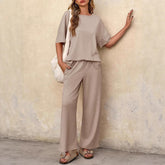 Short Sleeve Round Neck Top Wide Leg Pants Casual Women's Suit - kinko