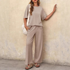 Short Sleeve Round Neck Top Wide Leg Pants Casual Women's Suit - kinko