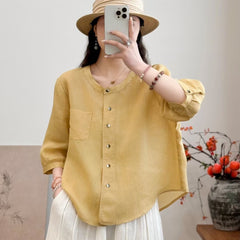 All-matching Western Style Cotton And Linen Short Sleeve Shirt - kinko