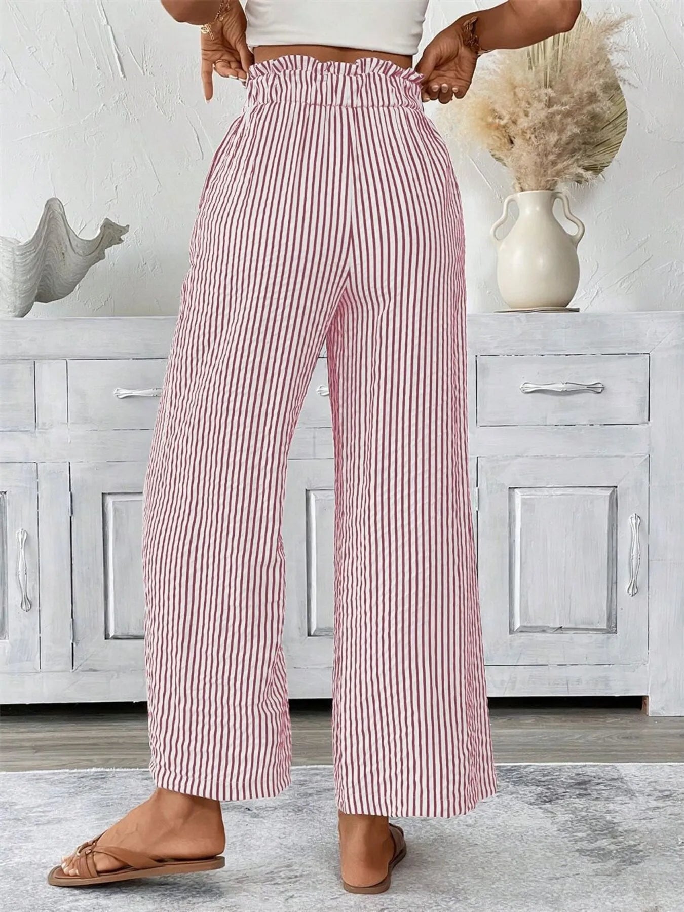 Full Size Striped Wide Leg Paper Bag Pants Plus Size - kinko