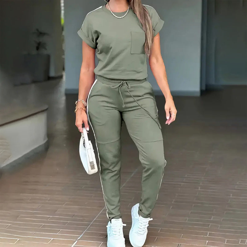 Women's Solid Color Short Sleeve Two-Piece Set - Round Neck, Stripe Trim, Tie Waist Belt, Pockets Spring&Summer Casual Outfit - kinko