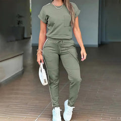 Women's Solid Color Short Sleeve Two-Piece Set - Round Neck, Stripe Trim, Tie Waist Belt, Pockets Spring&Summer Casual Outfit - kinko