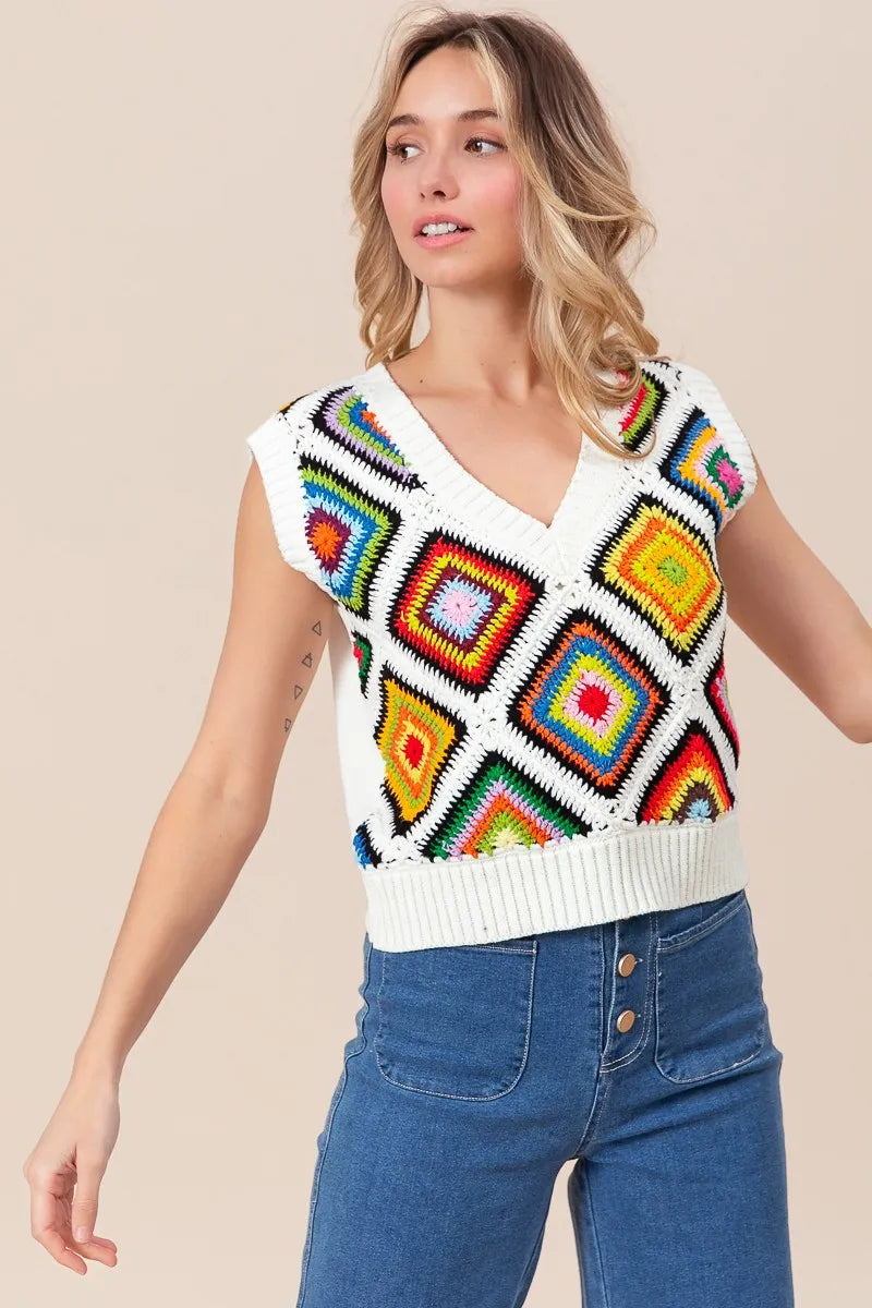 BiBi Diamond Granny Square Sweater Vest - kinko