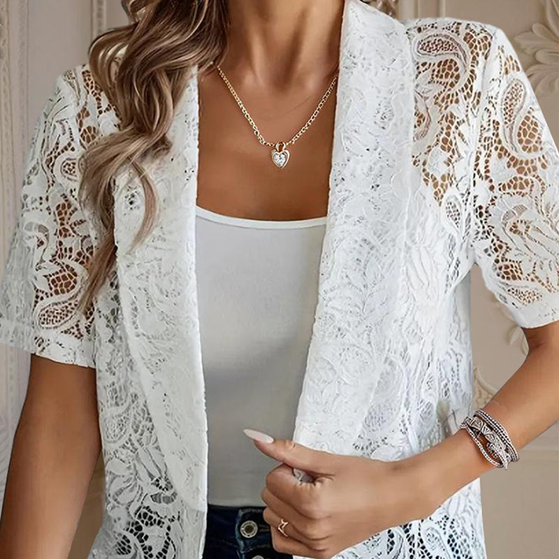 Elegant Solid Color Women's Lace Cardigan - Stylish Breathable Slim-Fit Spring&Summer Blouse With Floral Lace Detail - kinko