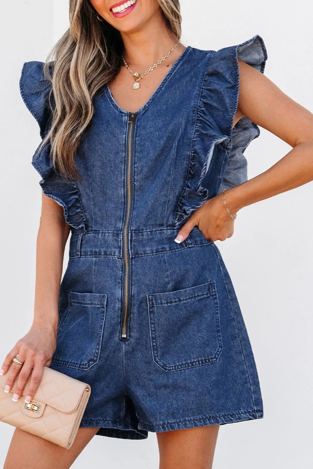 Denim Ruffled Zipped Front Belted Romper - kinko