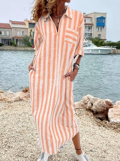 Cotton And Linen Breathable Casual Loose Striped Women's Short-sleeved Shirt - kinko